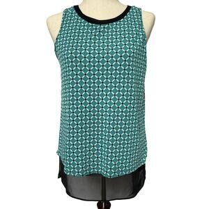 Worthington Sleeveless Top Teal Geometric Print‎ Chiffon Black Hem Size Small